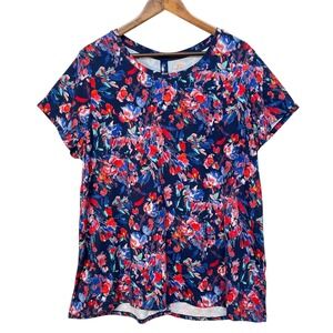 Cuddl Duds Flexwear Womens 1X Blue Floral Print Short Sleeve Top Tunic